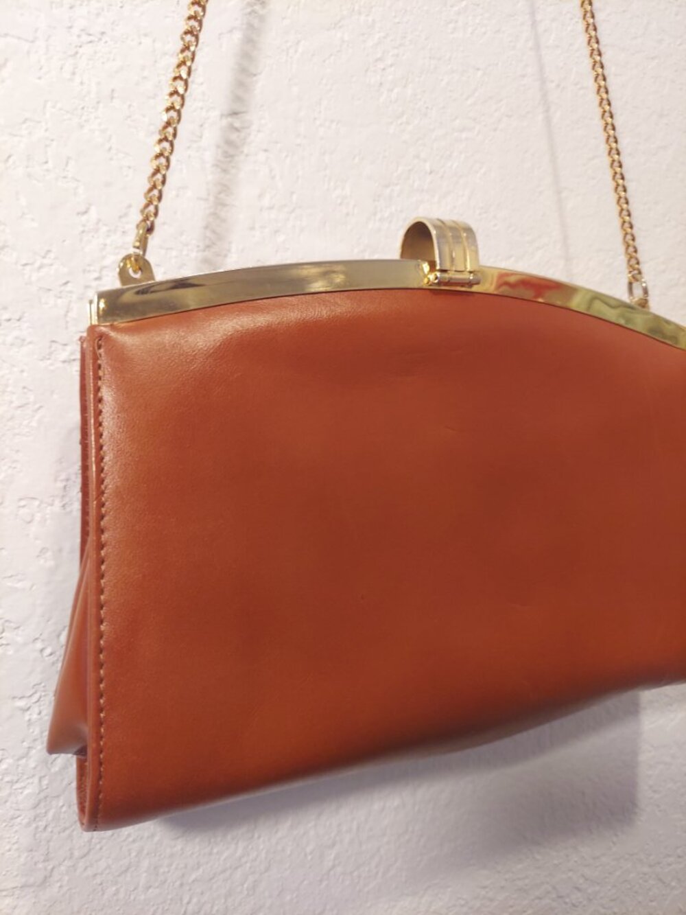 Vintage Argentine Leather Snakeskin Clutch Purse Brown Gold Chain - Picture 9 of 14